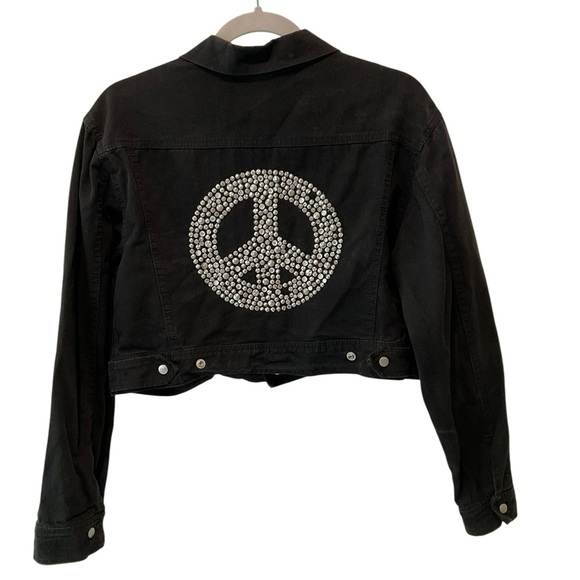 Vtg MICHAEL MORRISON Studded Denim Jacket Crystals PEACE SIGN Y2K Gaga Size M - Picture 2 of 11